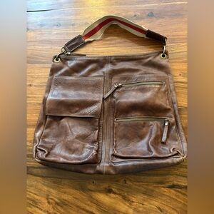 PULICATI Italia Brown Leather Messenger Bag Purse Tote Bag - Stripe Canvas Strap
